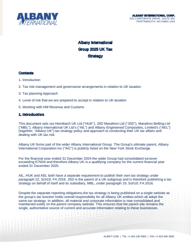 Albany International Group UK Tax Strategy Thumbnail Image
