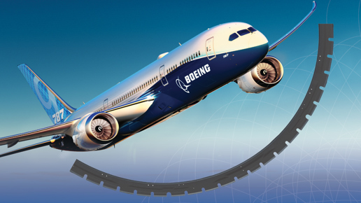 Boeing 787 in flight with fuselage frame structure illustration.