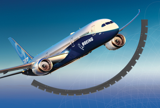 Boeing 787 in flight with fuselage frame structure illustration.