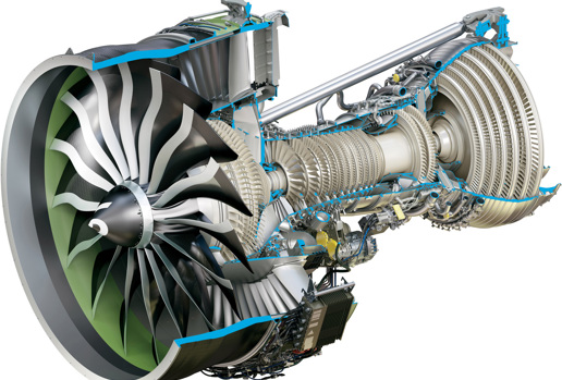 Cross-section view of a jet engine showcasing its composite fan blades and internal components.