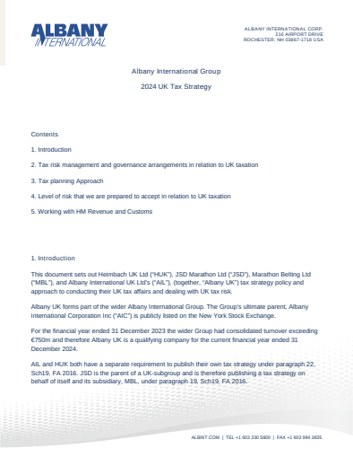 Albany International Group UK Tax Strategy Thumbnail Image